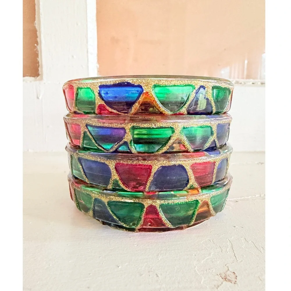 Vtg Style Hand Painted Glass Coaster Trinket Dish Set 4 Shell Mosaic Gold